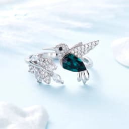 Fashion Silver Color Hummingbird Adjustable Ring for Women with Green Austrian Crystal Luxury Wedding Rings Jewelry Gift