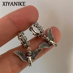 XIYANIKE Ancient Silver Color Little Angel Flower Earrings For Women Girl Luxury Fashion New Jewelry Gift Party серьги ж