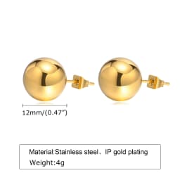 Vnox Gold Color Stainless Steel 12MM Ball Stud Earrings for Women Jewelry, Anti Allergy Metal Beads Ear Gift Accessories