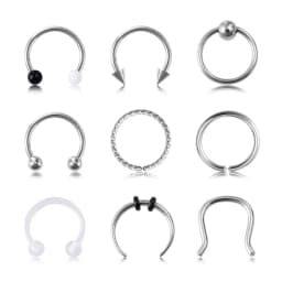 9pcs Hoop Nose Ring Septum Piercing Set Silver Color Surgical Steel Cartilage Earring Tragus Helix Circular BCR Ear Body Jewelry