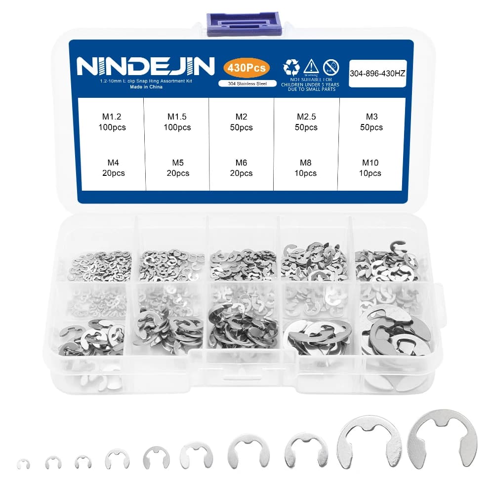 NINDEJIN 430pcs e-clip Assortment Kit M1.2-M10 Stainless Steel Carbon Steel Snap Ring Washer E-shaped External Retaining Ring