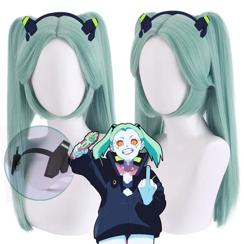Rebecca Cosplay Wig Anime Cyberpunk Edgerunners Cosplay Double Ponytails Cyan-blue Wig Heat Resistant Synthetic Wigs
