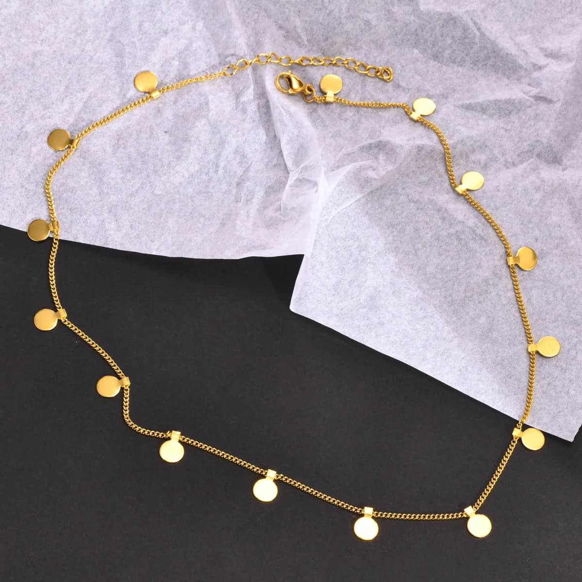Delicate Small Multiple Coins Disc Necklace for Women, Gold Color Stainless Steel Waterproof