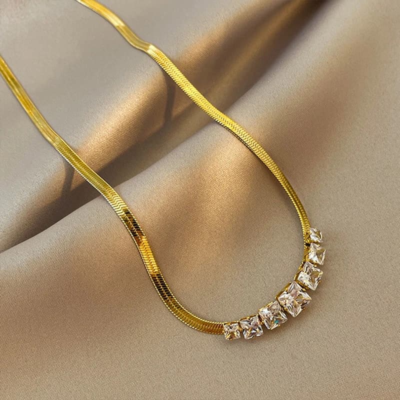 DIEYURO 316L Stainless Steel Green White Crystal Zircon Necklace For Women Luxury Design Ladies Snake Flat Chain Wedding Gift