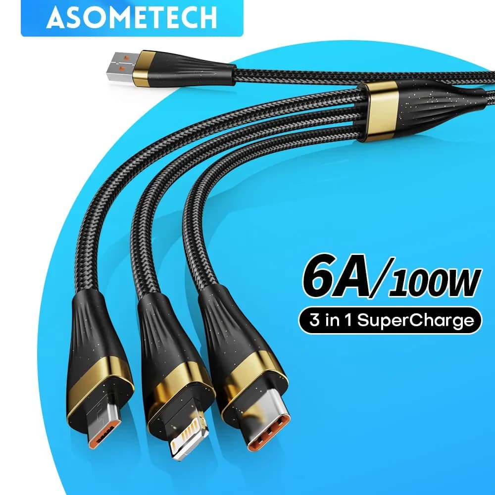 3 In1 Fast Charging Cable USB Type C Micro Portable 6A 100W Multiple Usb Charging Cord for IPhone14 13 Pro Samsung Xiaomi Huawei