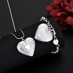 JewelryTop Fine 45-60cm 925 Sterling Silver Heart Photo frame Necklace Bracelet Love Jewelry For Women Chain Set Wedding Gift