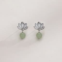 CIAXY Silver Color Hetian Jade Lotus Earrings Female Exquisite National Style Retro Round Stone Lotus Ear Stud Jewelry