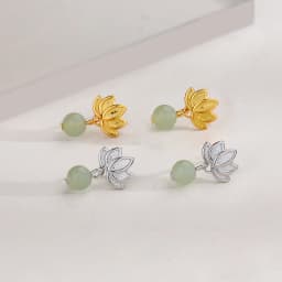 CIAXY Silver Color Hetian Jade Lotus Earrings Female Exquisite National Style Retro Round Stone Lotus Ear Stud Jewelry