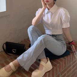 Korean Summer Puff sleeve White Shirt Cropped Women Elegant Youth Collar Blouses Clothes Preppy Short sleeve Cute Top