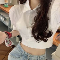 Korean Summer Puff sleeve White Shirt Cropped Women Elegant Youth Collar Blouses Clothes Preppy Short sleeve Cute Top