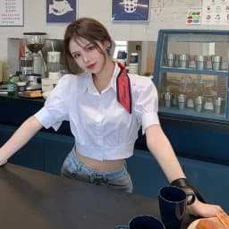 Korean Summer Puff sleeve White Shirt Cropped Women Elegant Youth Collar Blouses Clothes Preppy Short sleeve Cute Top