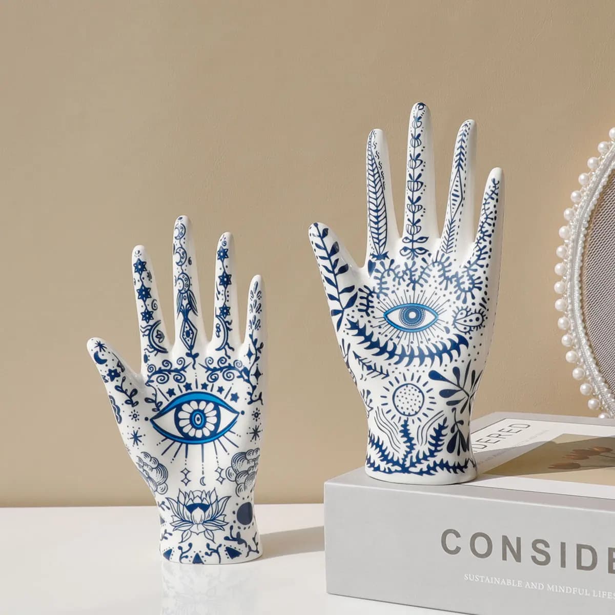 SIQIZHOU Devil's Eye of Fatima Jewelry Display Holde Ceramic Mannequin Hand Stand Designed for Necklaces, Bracelets, Rings