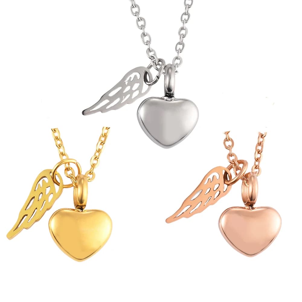 Stainless Steel Small Heart Angel Wing Cremation Ash Urn Necklace Heart Pendant For Memorial Jewelry
