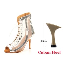 Ladingwu Women Ballroom Latin Dance Boots Lady`s Salsa Professional Dancing Shoes Golden Silver PU Mesh Dance Sandals