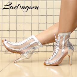 Ladingwu Women Ballroom Latin Dance Boots Lady`s Salsa Professional Dancing Shoes Golden Silver PU Mesh Dance Sandals