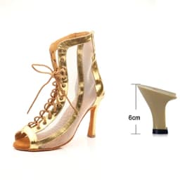 Ladingwu Women Ballroom Latin Dance Boots Lady`s Salsa Professional Dancing Shoes Golden Silver PU Mesh Dance Sandals