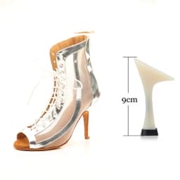 Ladingwu Women Ballroom Latin Dance Boots Lady`s Salsa Professional Dancing Shoes Golden Silver PU Mesh Dance Sandals