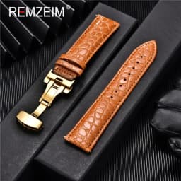 REMZEIM 18mm 20mm 22mm 24mm Calfskin Genuine Leather Watch Band with Solid Automatic Butterfly Buckle Business Watchband