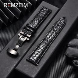 REMZEIM 18mm 20mm 22mm 24mm Calfskin Genuine Leather Watch Band with Solid Automatic Butterfly Buckle Business Watchband