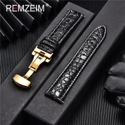 REMZEIM 18mm 20mm 22mm 24mm Calfskin Genuine Leather Watch Band with Solid Automatic Butterfly Buckle Business Watchband