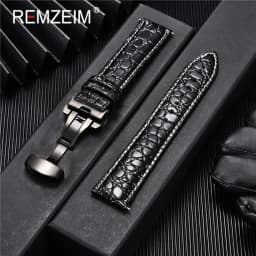 REMZEIM 18mm 20mm 22mm 24mm Calfskin Genuine Leather Watch Band with Solid Automatic Butterfly Buckle Business Watchband