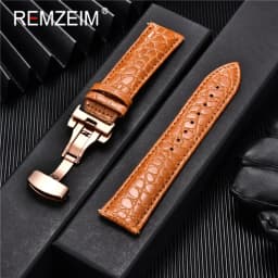REMZEIM 18mm 20mm 22mm 24mm Calfskin Genuine Leather Watch Band with Solid Automatic Butterfly Buckle Business Watchband