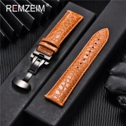 REMZEIM 18mm 20mm 22mm 24mm Calfskin Genuine Leather Watch Band with Solid Automatic Butterfly Buckle Business Watchband