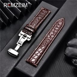 REMZEIM 18mm 20mm 22mm 24mm Calfskin Genuine Leather Watch Band with Solid Automatic Butterfly Buckle Business Watchband