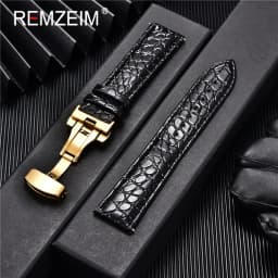 REMZEIM 18mm 20mm 22mm 24mm Calfskin Genuine Leather Watch Band with Solid Automatic Butterfly Buckle Business Watchband