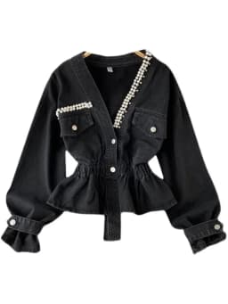 Fall 2026 New Retro Denim Jacket Coat Female Temperament V-neck Single-breasted Beaded Waist Slim Jacket Top KK1333