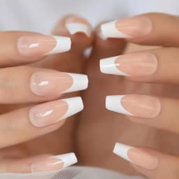 24pcs Long Square Fake Nails Nude White French Tip Press On Nails Full Cover Glossy Gel False Nail Art Manicure for Women