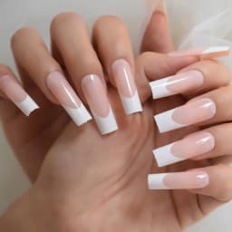 24pcs Long Square Fake Nails Nude White French Tip Press On Nails Full Cover Glossy Gel False Nail Art Manicure for Women