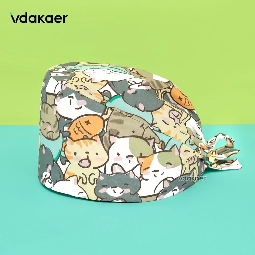 Cute cat Cartoon Print Operation Pure Cotton Cap Nurse Cap Dentist Hat Adjustable scrub caps women and man Medical cap