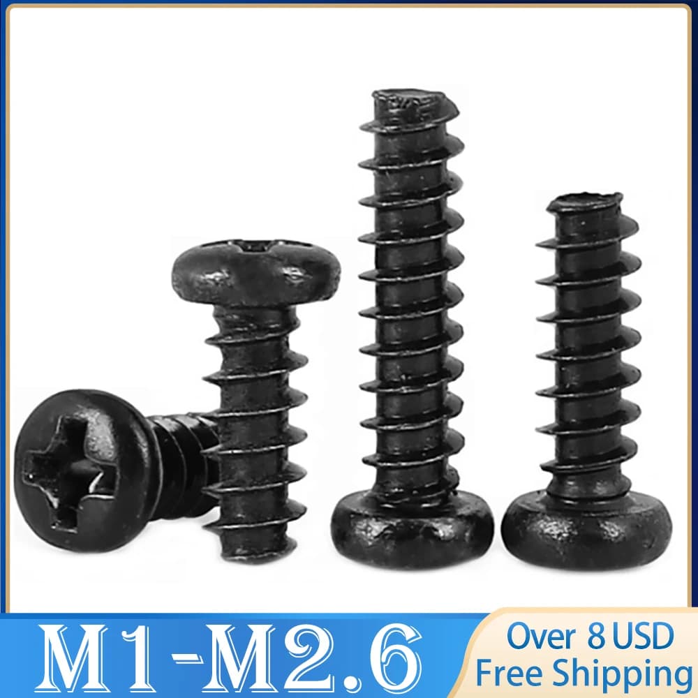 500/ 200/ 100pcs M1 M1.2 M1.4 M1.5 M1.6 M1.7 M2 M2.3 M2.6 PB Pan Head Black Electronic Micro Screws Phillips Self-tapping Screw