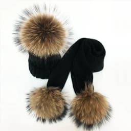 Parent-Child Winter hats Cute Baby fur Pompon Hat Scarf Sets Real Natural Fur Ball Caps Mother Kids Warm Knitted Hats Winter Bea