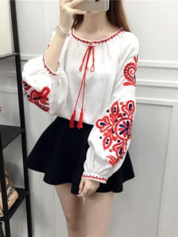 Women's Retro Blouse National Style Embroidered Lace-Up Tassel V-Neck Lantern Sleeve Tops Loose All-Match Female Blusa PL536