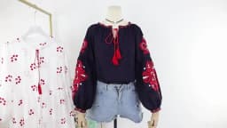 Women's Retro Blouse National Style Embroidered Lace-Up Tassel V-Neck Lantern Sleeve Tops Loose All-Match Female Blusa PL536