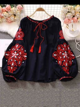 Women's Retro Blouse National Style Embroidered Lace-Up Tassel V-Neck Lantern Sleeve Tops Loose All-Match Female Blusa PL536
