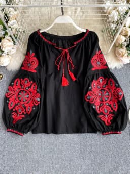 Women's Retro Blouse National Style Embroidered Lace-Up Tassel V-Neck Lantern Sleeve Tops Loose All-Match Female Blusa PL536