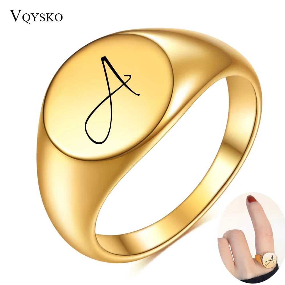 Customized Women Initial Letter Stamp Signet Ring Chunky Round Top Stainless Steel Bague Fashion Jewelry Wholesale