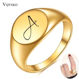 Customized Women Initial Letter Stamp Signet Ring Chunky Round Top Stainless Steel Bague Fashion Jewelry Wholesale
