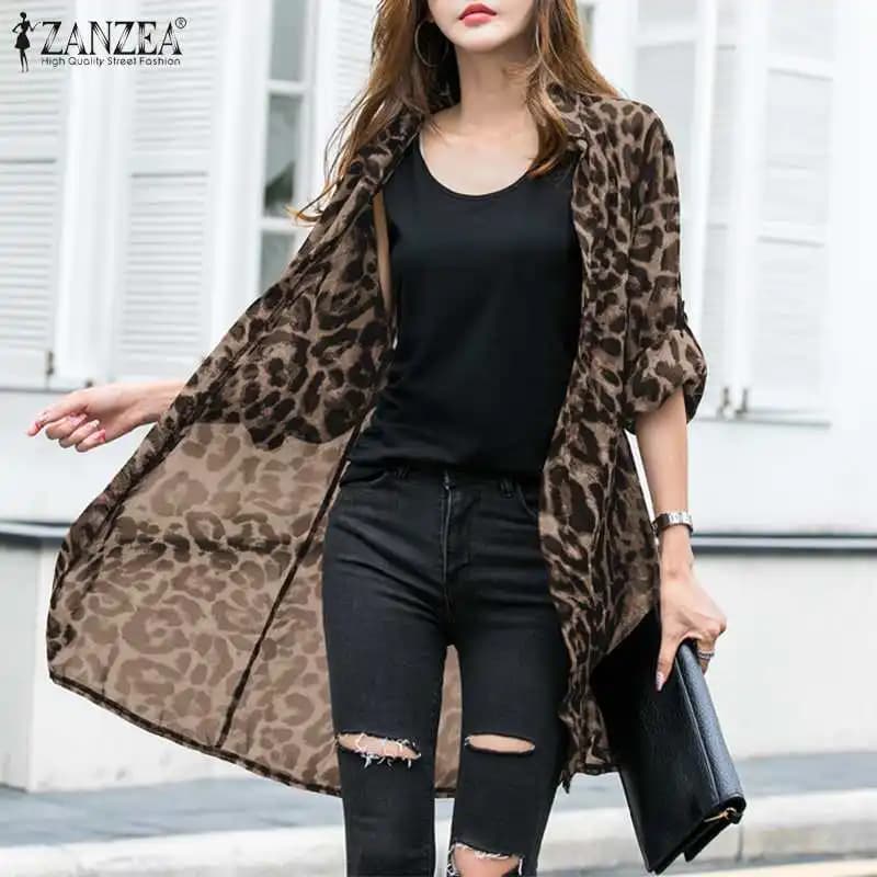 Fashion Leopard Print Cardigans Women's Summer Cover-Up Blouses ZANZEA 2025 Casual Long Kimono Cape Female Lapel Tunic Chemise
