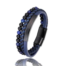2021 Blue Stone Bracelet Genuine Blue Leather Braided Bracelet Stainless Steel Magnetic Clasp Tiger Eye Bead Bangles Men Jewelry