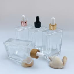 1x 3x 30ml 50ml 100ML Flat Square Glass Dropper Bottle Transparent Glass Bottle Bamboo Cap, Golden Cap, Rose Gold Cap, Black Cap