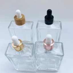 1x 3x 30ml 50ml 100ML Flat Square Glass Dropper Bottle Transparent Glass Bottle Bamboo Cap, Golden Cap, Rose Gold Cap, Black Cap