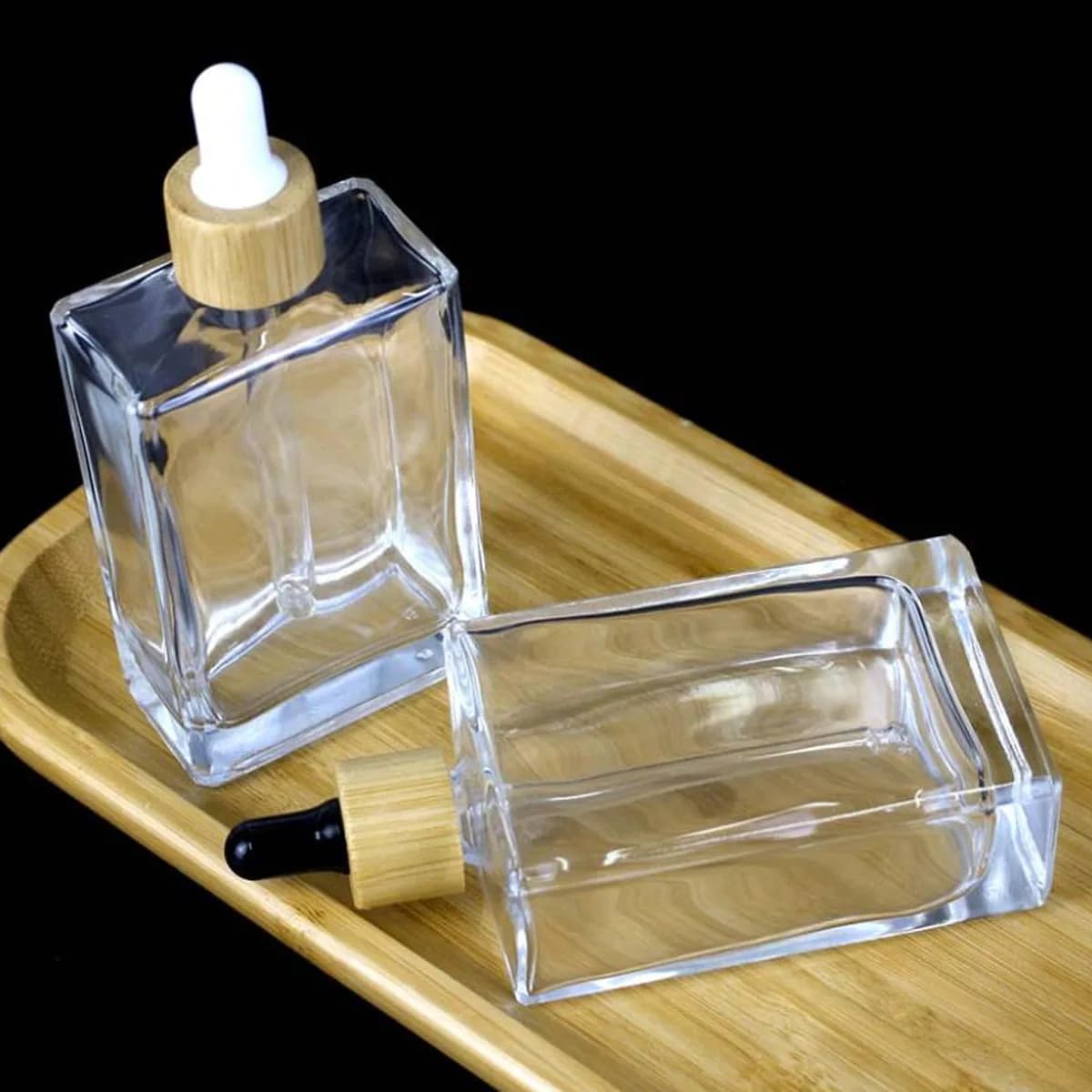1x 3x 30ml 50ml 100ML Flat Square Glass Dropper Bottle Transparent Glass Bottle Bamboo Cap, Golden Cap, Rose Gold Cap, Black Cap