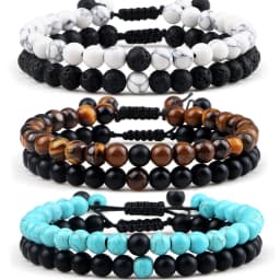 Adjustable 2pcs/set Beads Bracelets for Couple Classic 6mm Natural Black White Stone Braided Distance Bracelet Men Women Jewelry
