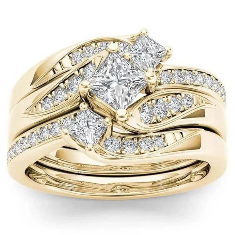 Princess 3Pcs set Charm Yellow   Ring Anniversary  Engagement Bridal Wedding Rings Jewelry For Women