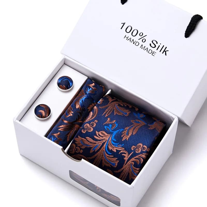 Brand 100% Silk Ties Gift box Office Men Classic Party Wedding striped 7.5cm Silk Wedding Floral Tie Necktie Handkerchief Set