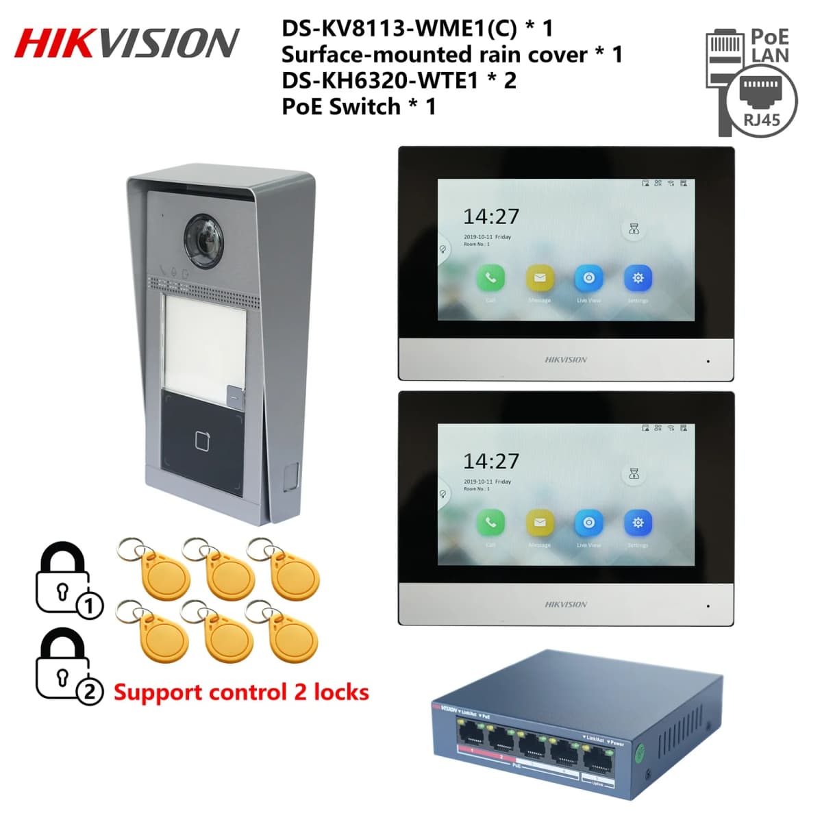 HIKVISION Original Multi-language 802.3af POE Video intercom KIT,include DS-KV8113-WME1(C) & DS-KH6320-WTE1 & PoE Switch